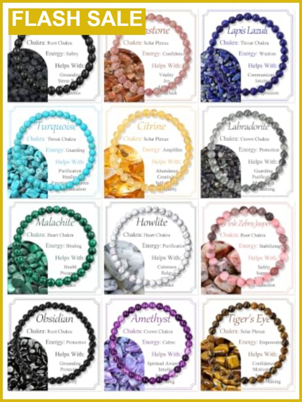 12Pcs Natural Stone Beaded Healing Crystal Stretch Bracelets
